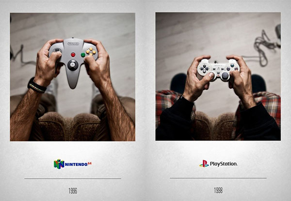 Фотографии геймпадов разных производителей в разные поколения консолей